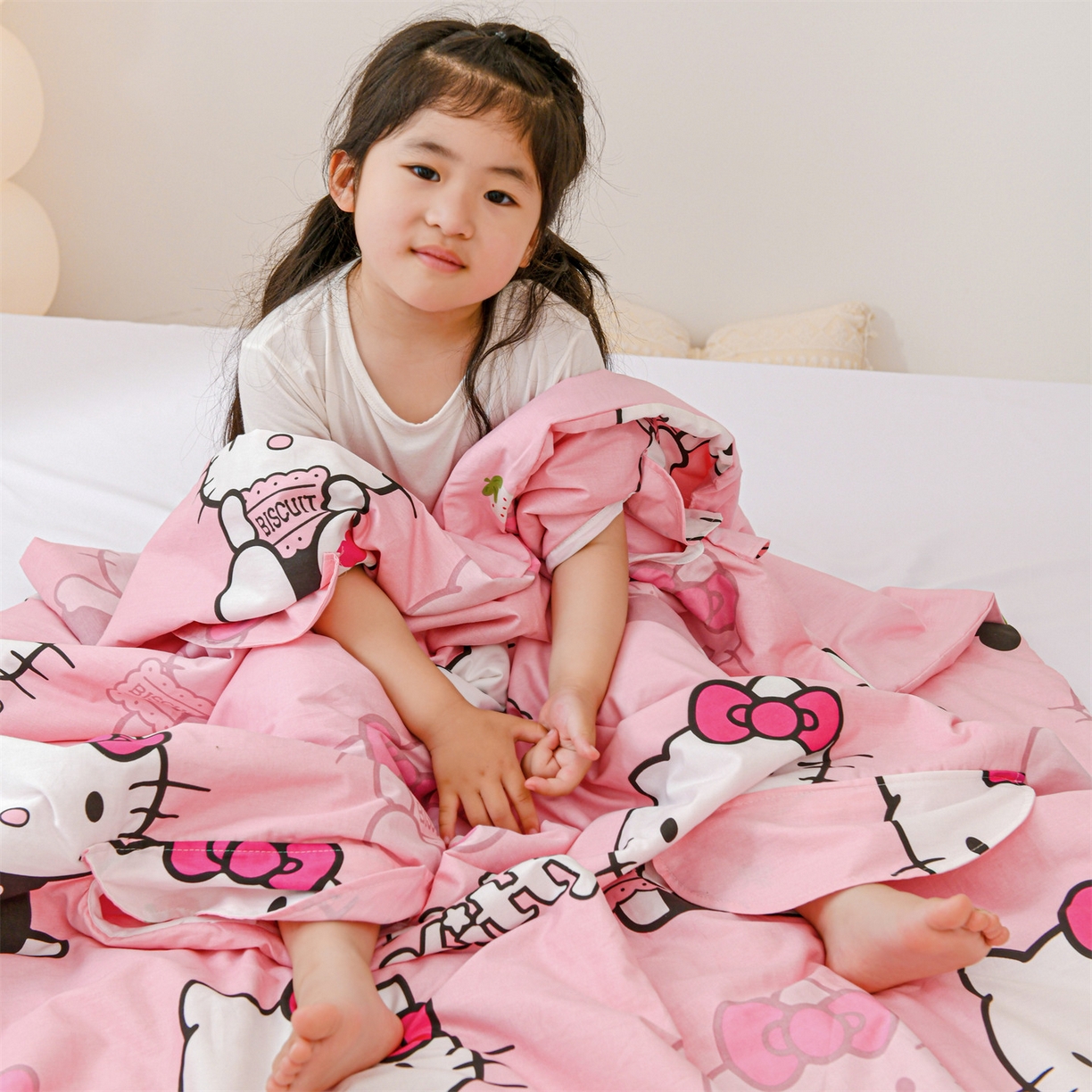 91家纺网 家纺一手货源 找家纺 名兮家居 2025新款正版授权全棉纯棉儿童护肚防踢睡袋 防踢被-爱心kt