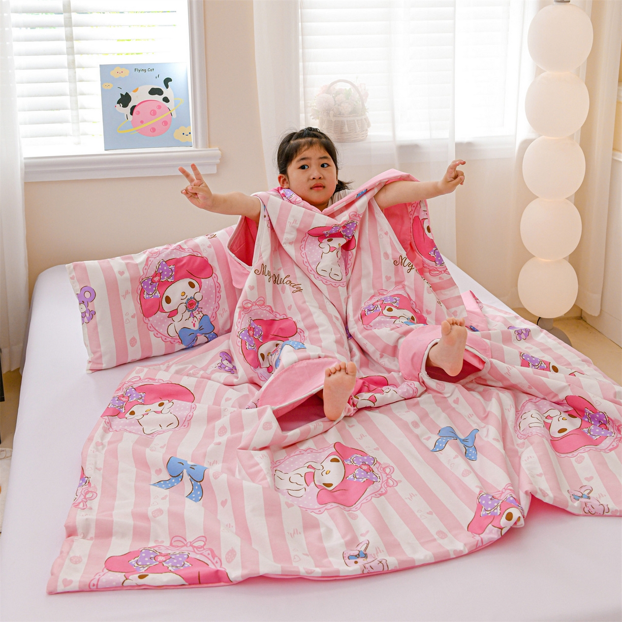 91家纺网 家纺一手货源 找家纺 名兮家居 2025新款正版授权全棉纯棉儿童护肚防踢睡袋 防踢被-竖条美乐蒂