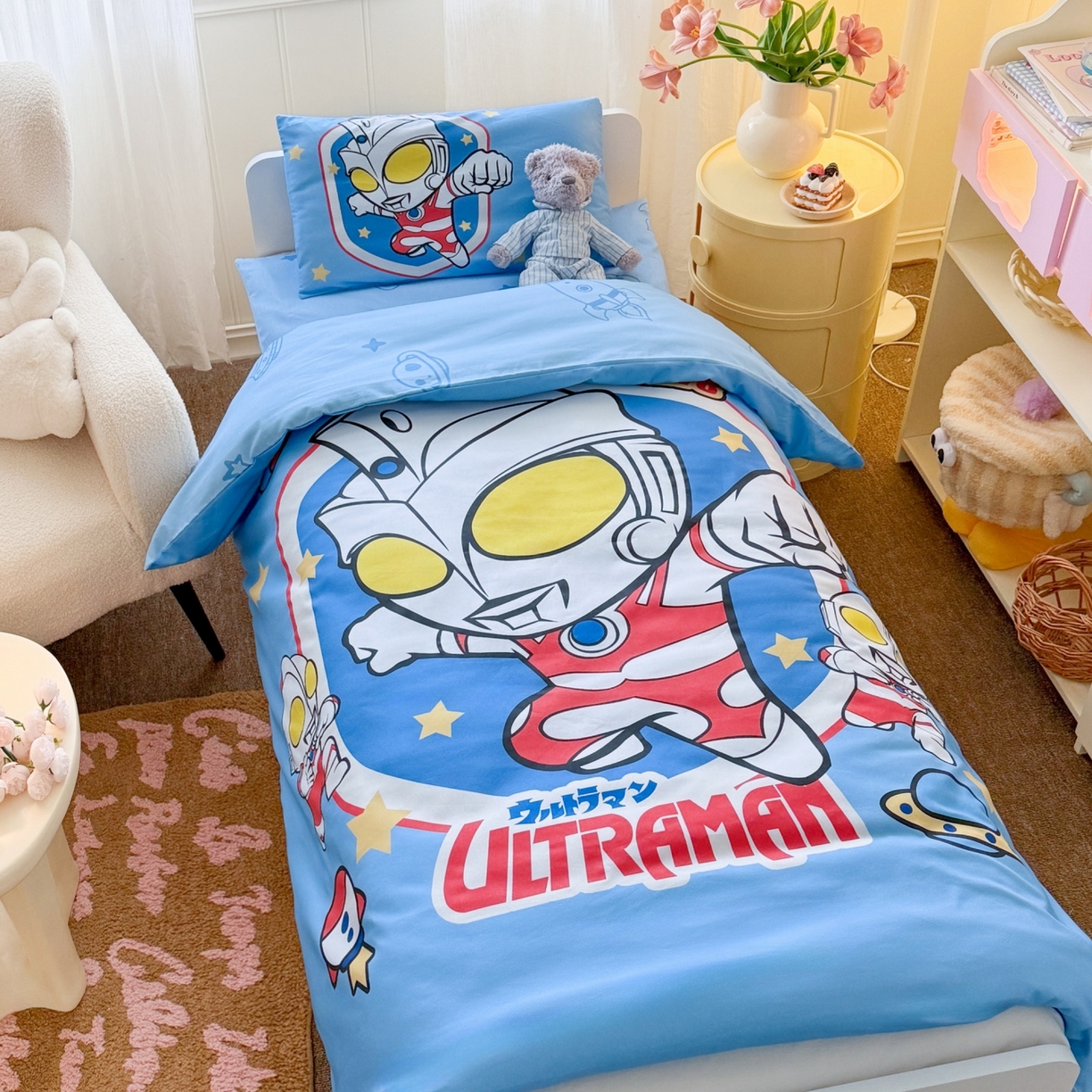 91家纺网 家纺一手货源 找家纺 名兮家居 2025新款全棉大版经典奥特曼幼儿园儿童套件【含防伪标】 奥特曼出击