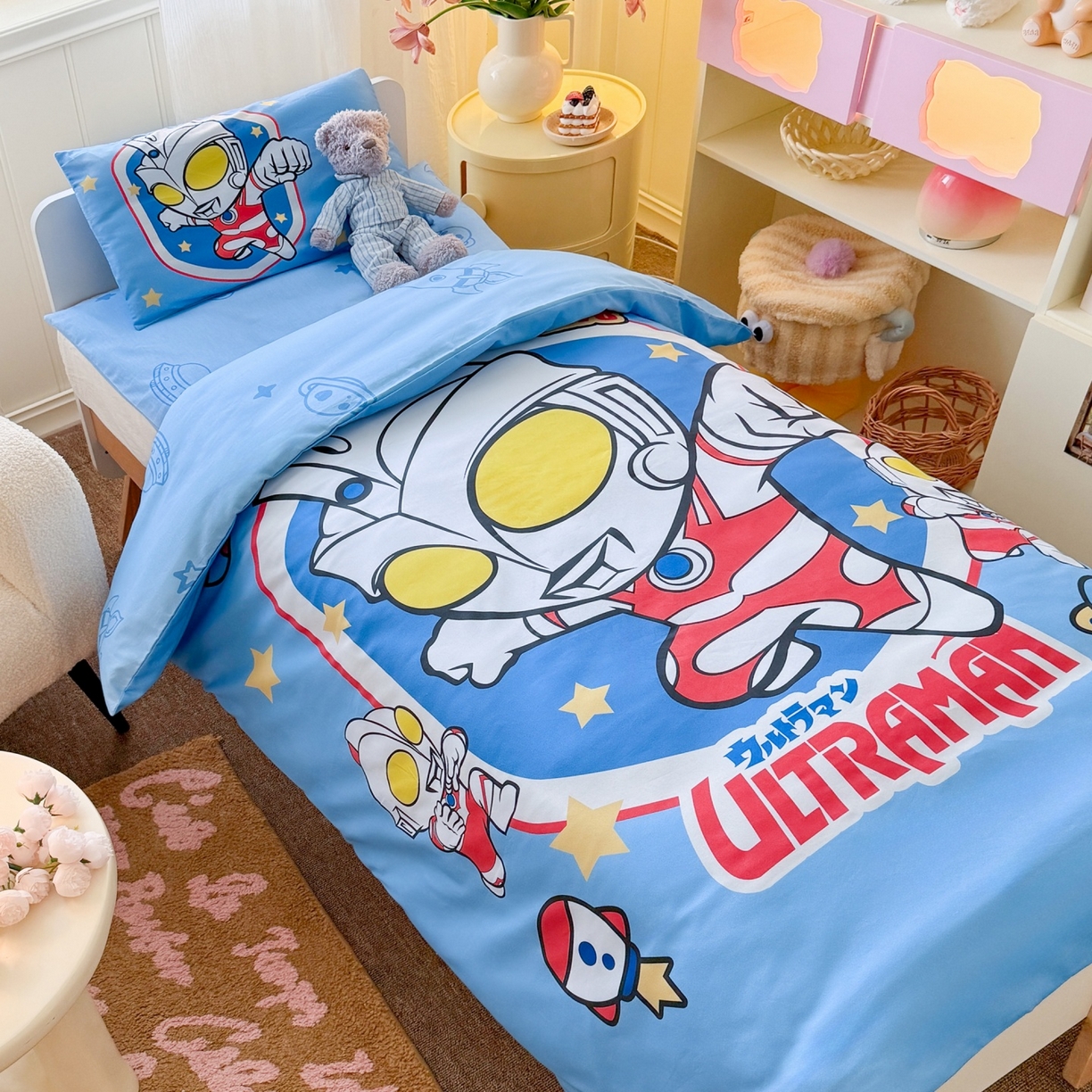 91家纺网 家纺一手货源 找家纺 名兮家居 2025新款全棉大版经典奥特曼幼儿园儿童套件【含防伪标】 奥特曼出击