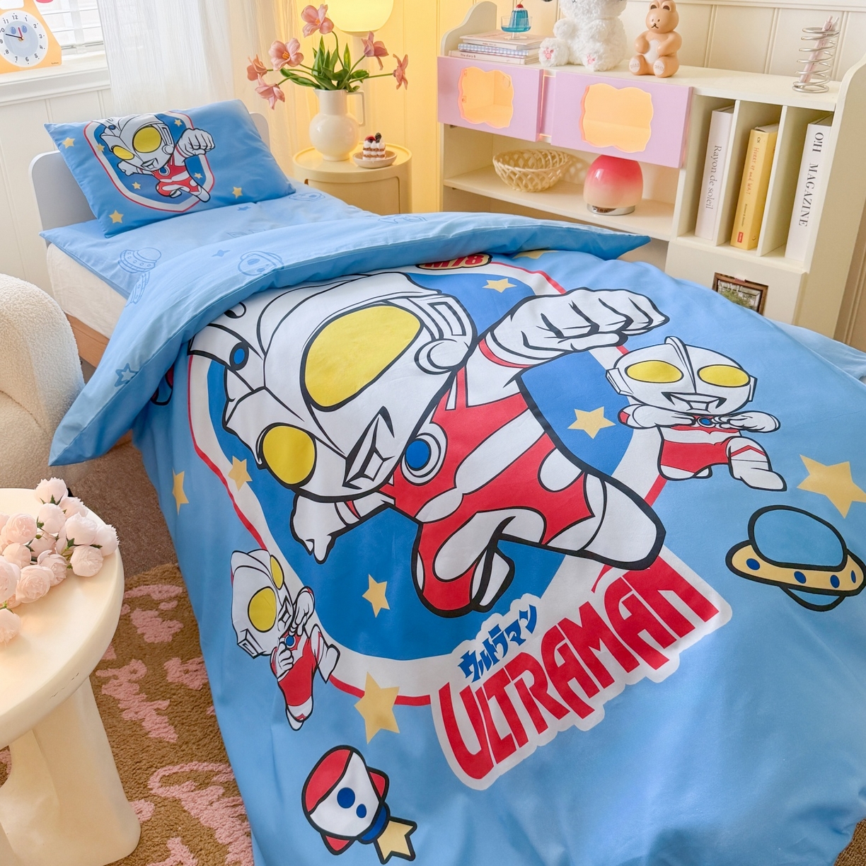 91家纺网 家纺一手货源 找家纺 名兮家居 2025新款全棉大版经典奥特曼幼儿园儿童套件【含防伪标】 奥特曼出击