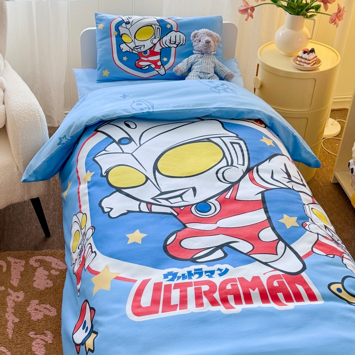 91家纺网 家纺一手货源 找家纺 名兮家居 2025新款全棉大版经典奥特曼幼儿园儿童套件【含防伪标】 奥特曼出击