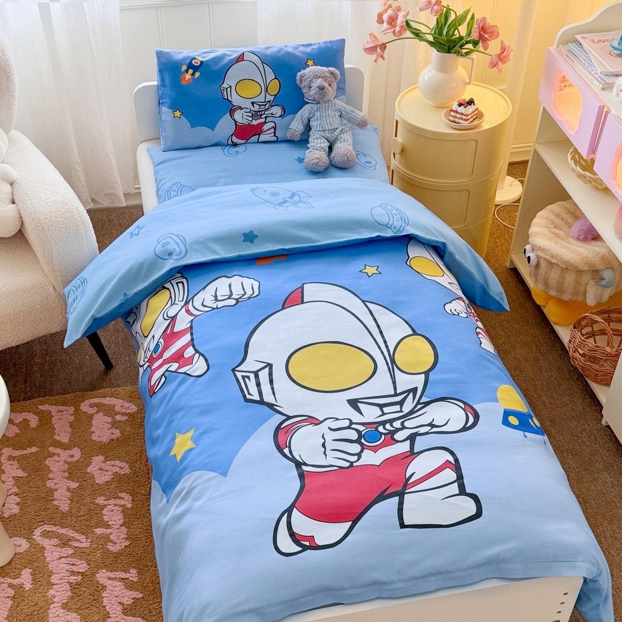 91家纺网 家纺一手货源 找家纺 名兮家居 2025新款全棉大版经典奥特曼幼儿园儿童套件【含防伪标】 奥特组合