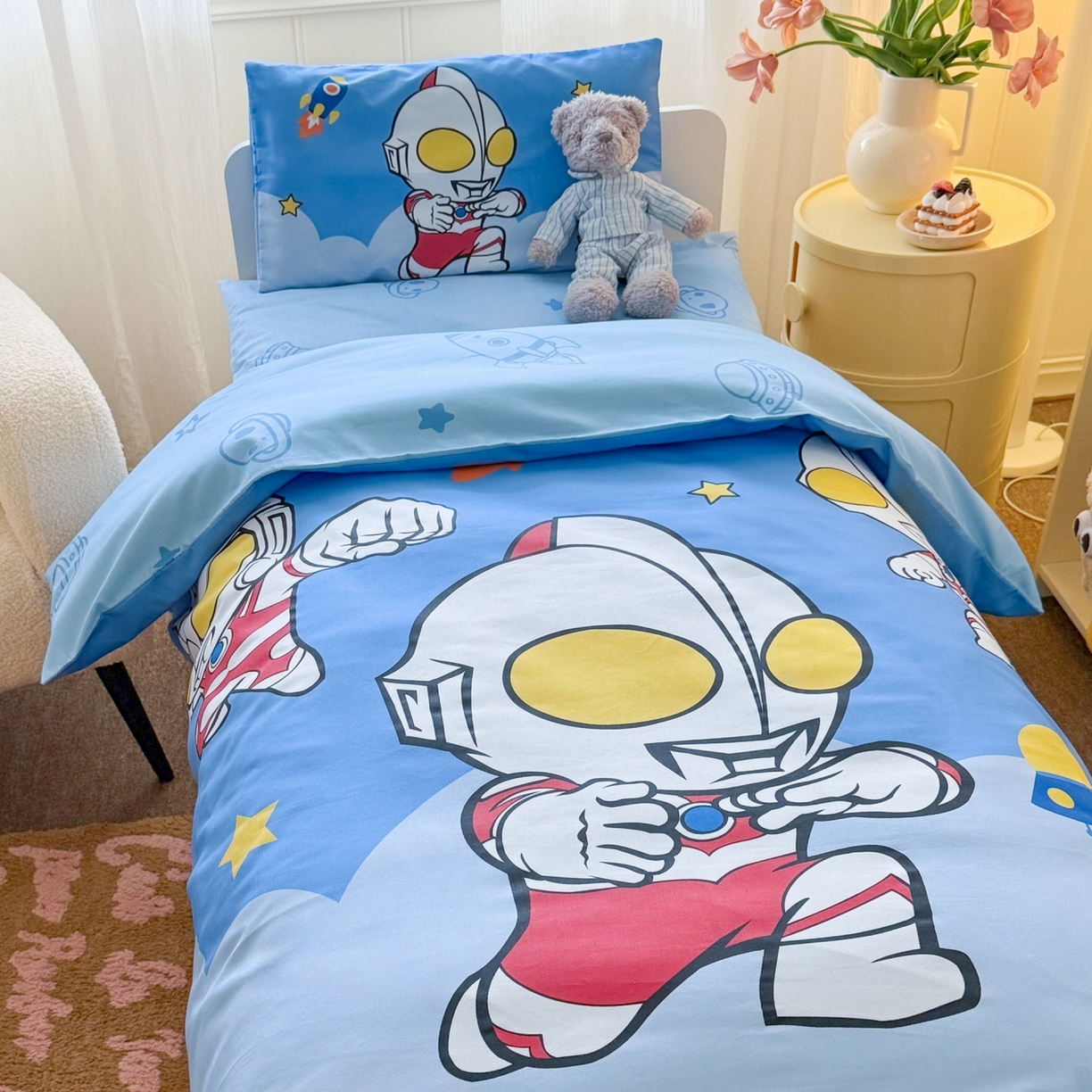 91家纺网 家纺一手货源 找家纺 名兮家居 2025新款全棉大版经典奥特曼幼儿园儿童套件【含防伪标】 奥特组合