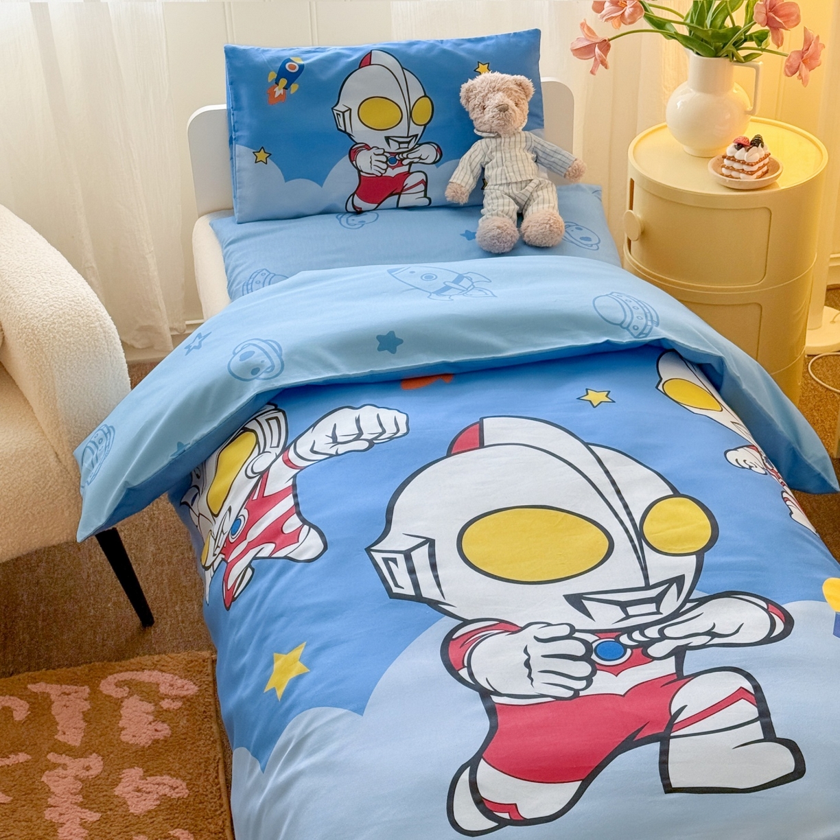 91家纺网 家纺一手货源 找家纺 名兮家居 2025新款全棉大版经典奥特曼幼儿园儿童套件【含防伪标】 奥特组合