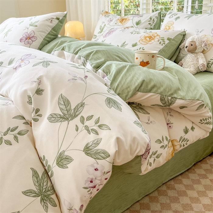 91家纺网 家纺一手货源 找家纺 郝媳妇家纺 2025新款植物羊绒加厚磨毛水洗棉亲肤棉三件套四件套 秘境-绿