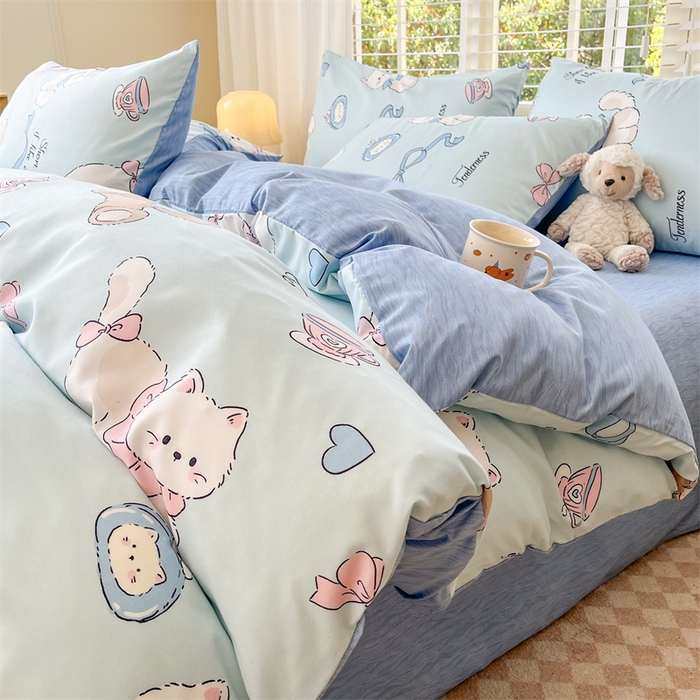 91家纺网 家纺一手货源 找家纺 郝媳妇家纺 2025新款植物羊绒加厚磨毛水洗棉亲肤棉三件套四件套 喵咪假日