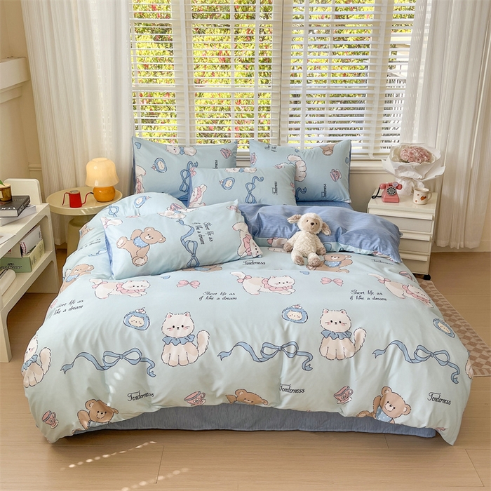 91家纺网 家纺一手货源 找家纺 郝媳妇家纺 2025新款植物羊绒加厚磨毛水洗棉亲肤棉三件套四件套 喵咪假日