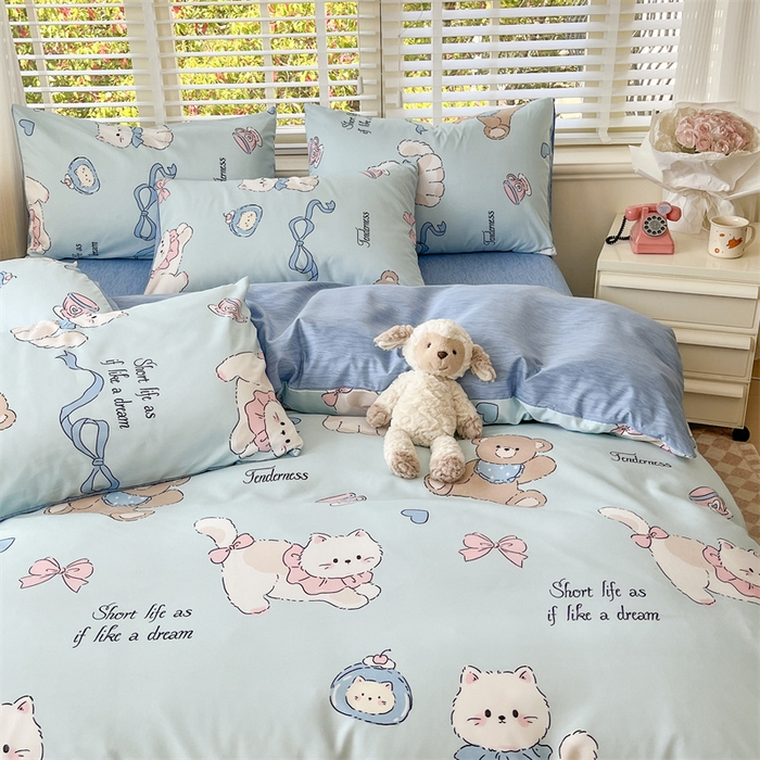 91家纺网 家纺一手货源 找家纺 郝媳妇家纺 2025新款植物羊绒加厚磨毛水洗棉亲肤棉三件套四件套 喵咪假日