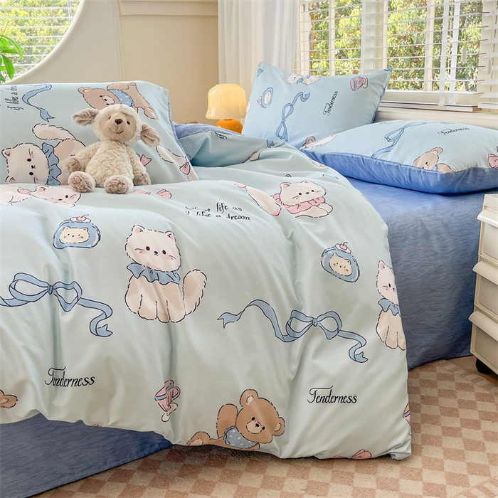 91家纺网 家纺一手货源 找家纺 郝媳妇家纺 2025新款植物羊绒加厚磨毛水洗棉亲肤棉三件套四件套 喵咪假日