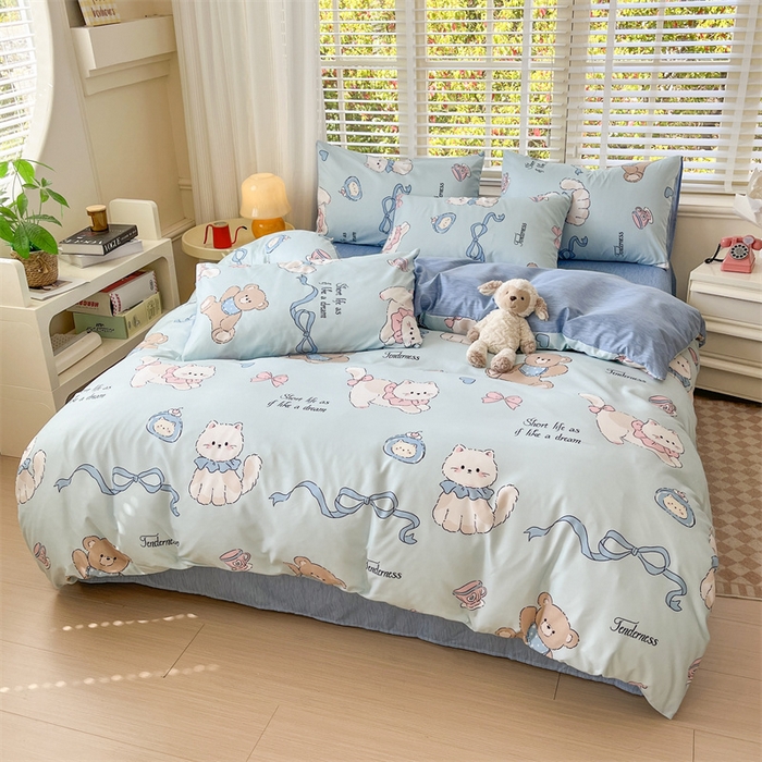 91家纺网 家纺一手货源 找家纺 郝媳妇家纺 2025新款植物羊绒加厚磨毛水洗棉亲肤棉三件套四件套 喵咪假日