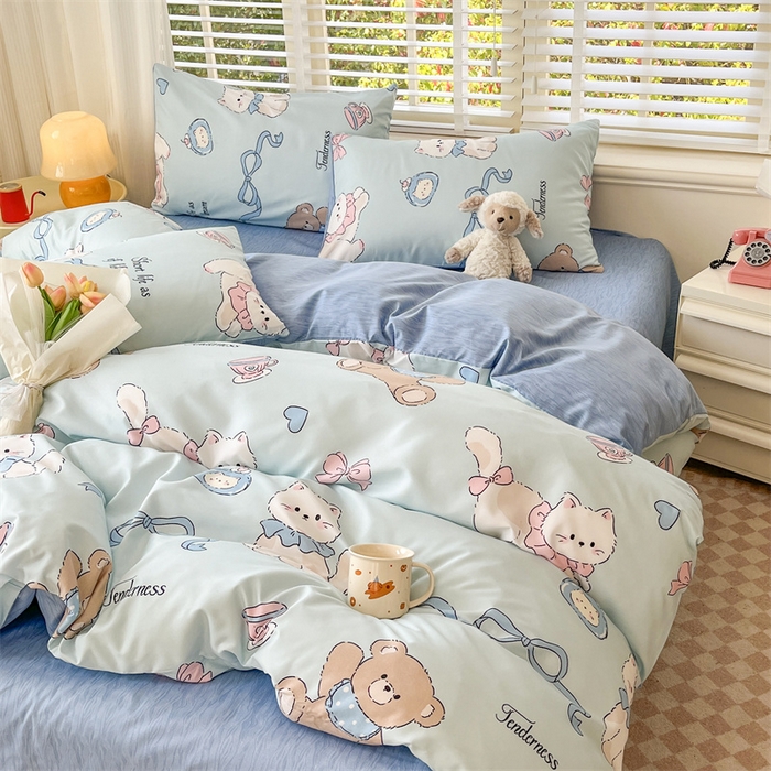 91家纺网 家纺一手货源 找家纺 郝媳妇家纺 2025新款植物羊绒加厚磨毛水洗棉亲肤棉三件套四件套 喵咪假日