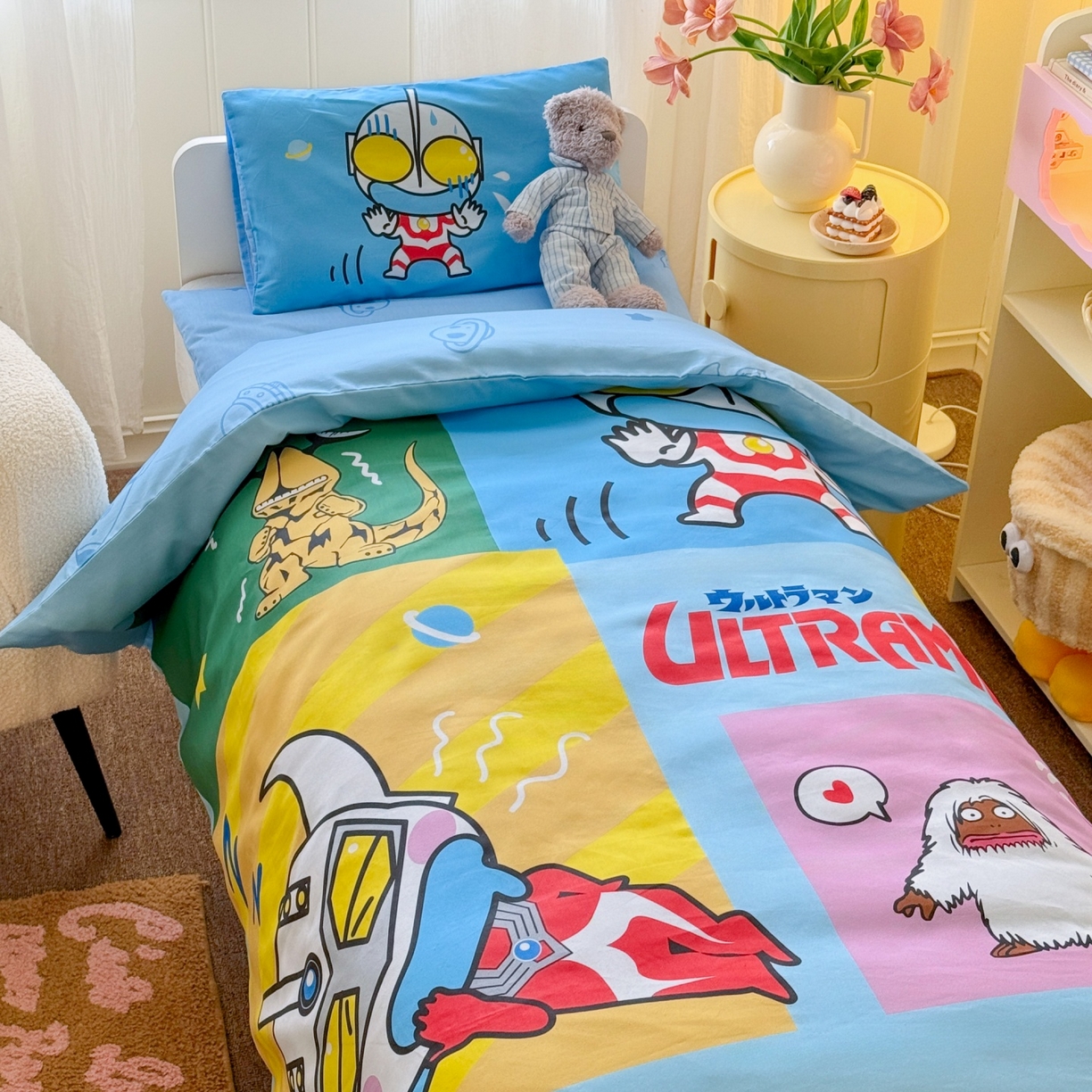 91家纺网 家纺一手货源 找家纺 名兮家居 2025新款全棉大版经典奥特曼幼儿园儿童套件【含防伪标】 瞌睡奥特曼