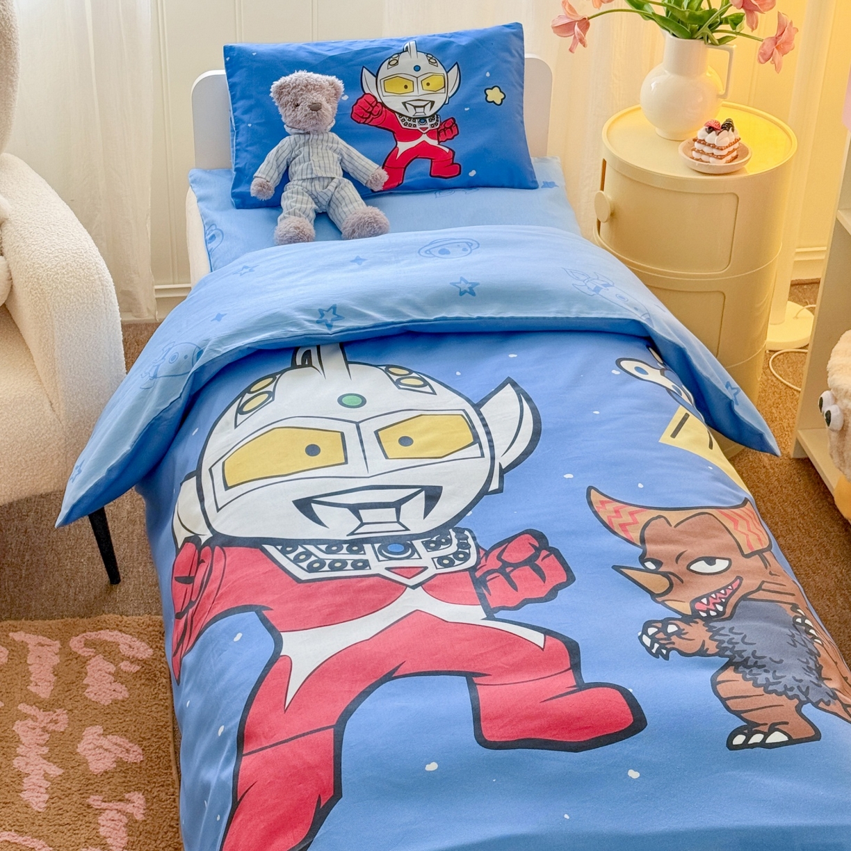 91家纺网 家纺一手货源 找家纺 名兮家居 2025新款全棉大版经典奥特曼幼儿园儿童套件【含防伪标】 泰罗