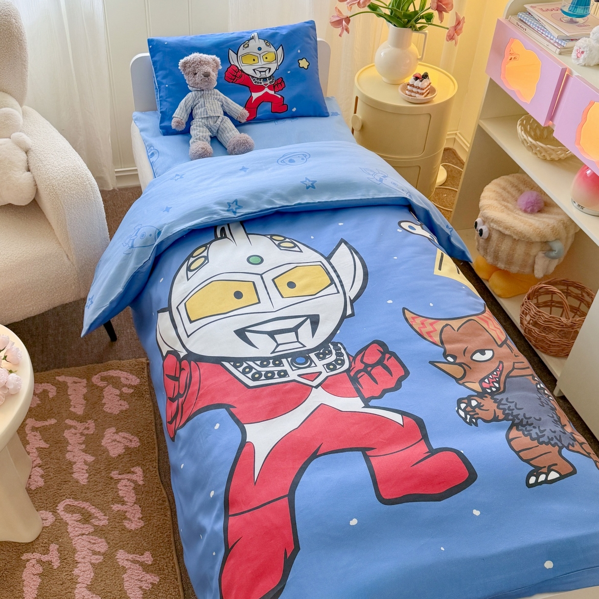 91家纺网 家纺一手货源 找家纺 名兮家居 2025新款全棉大版经典奥特曼幼儿园儿童套件【含防伪标】 泰罗