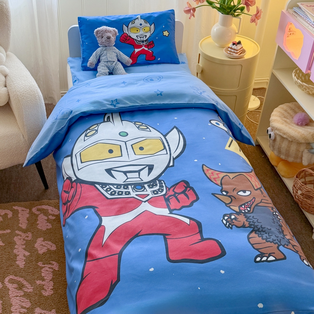 91家纺网 家纺一手货源 找家纺 名兮家居 2025新款全棉大版经典奥特曼幼儿园儿童套件【含防伪标】 泰罗