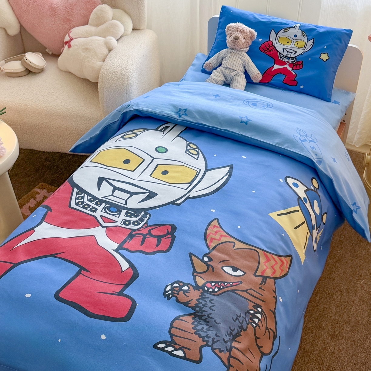 91家纺网 家纺一手货源 找家纺 名兮家居 2025新款全棉大版经典奥特曼幼儿园儿童套件【含防伪标】 泰罗