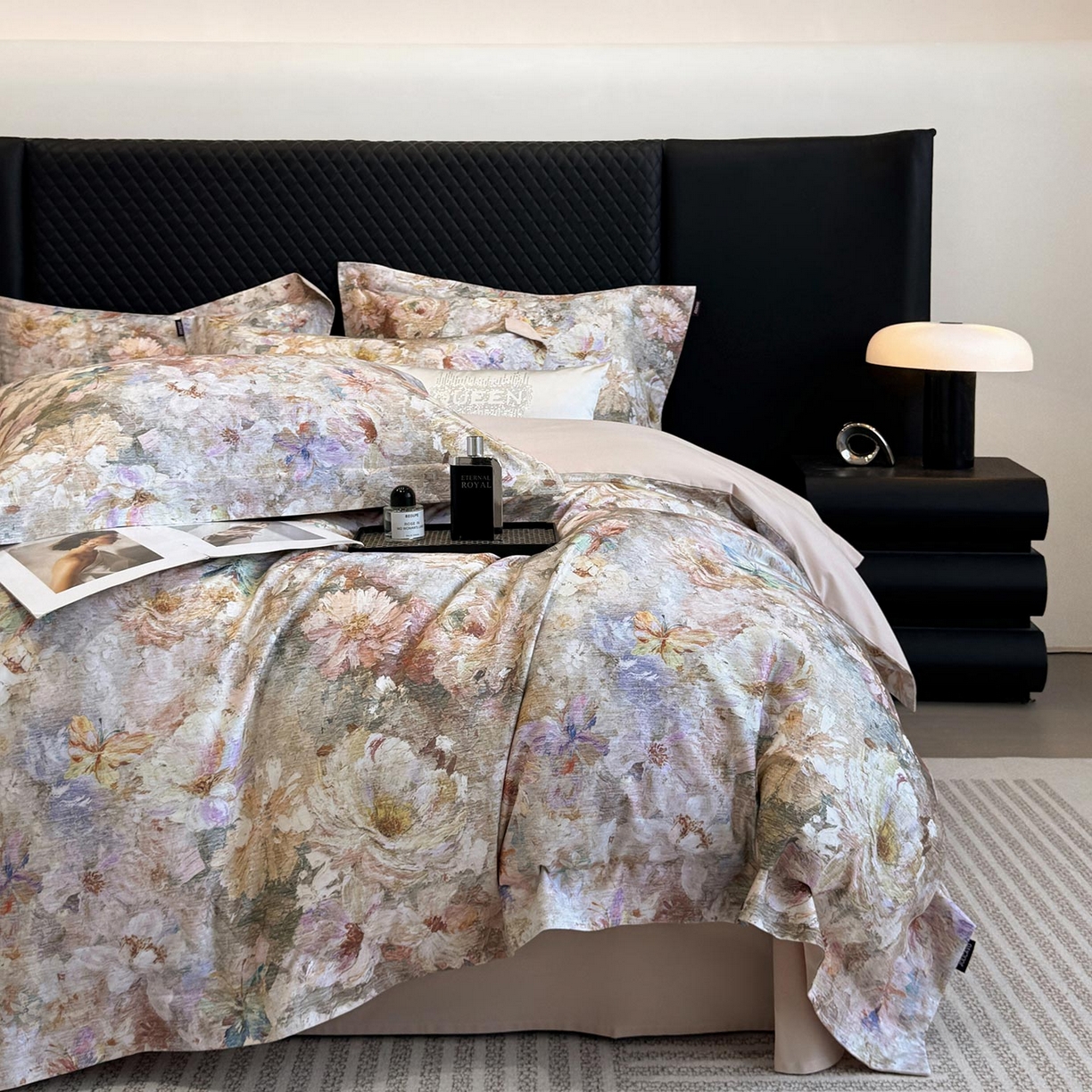 91家纺网 家纺一手货源 找家纺  2025秋冬新款轻奢新疆长绒棉纯棉磨毛加厚数码印花四件套花慕里 花慕里-米