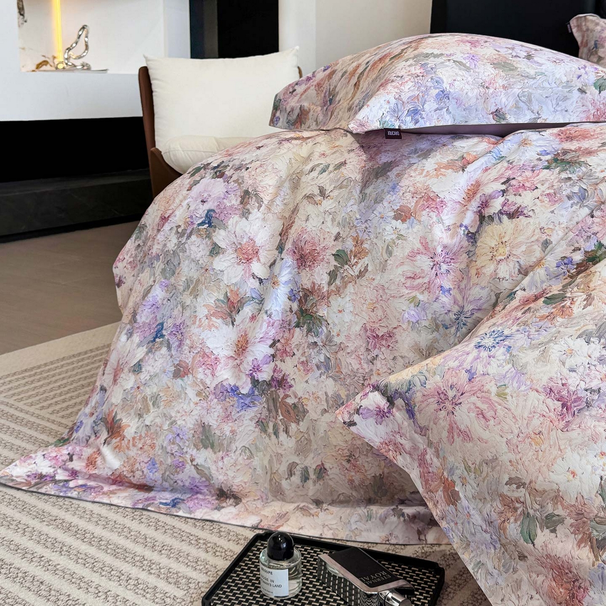 91家纺网 家纺一手货源 找家纺  2025秋冬新款轻奢新疆长绒棉纯棉磨毛加厚数码印花四件套花慕里 花慕里-紫