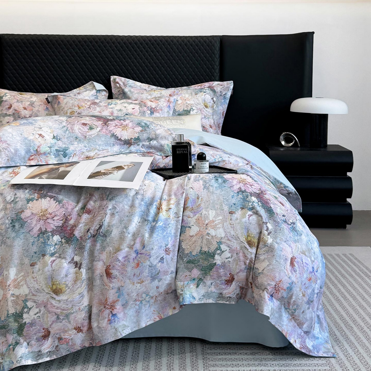 91家纺网 家纺一手货源 找家纺  2025秋冬新款轻奢新疆长绒棉纯棉磨毛加厚数码印花四件套花慕里 花慕里-蓝