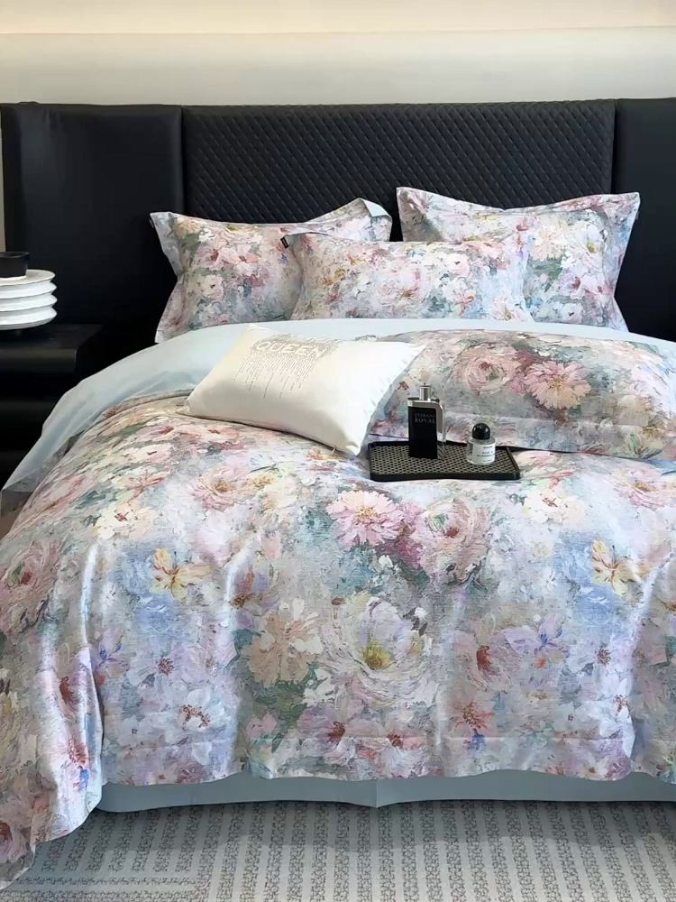 91家纺网 家纺一手货源 找家纺  2025秋冬新款轻奢新疆长绒棉纯棉磨毛加厚数码印花四件套花慕里 花慕里-蓝