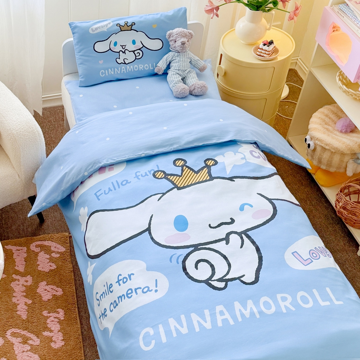 91家纺网 家纺一手货源 找家纺 名兮家居 2025新款全棉大版经典奥特曼幼儿园儿童套件【含防伪标】 微笑玉桂狗