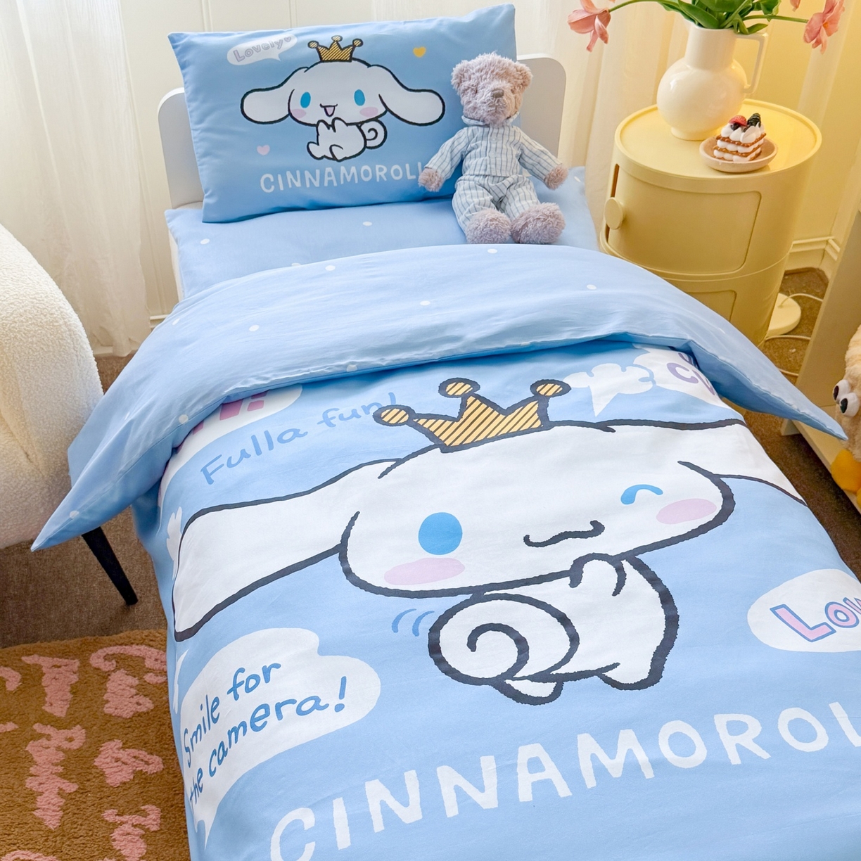 91家纺网 家纺一手货源 找家纺 名兮家居 2025新款全棉大版经典奥特曼幼儿园儿童套件【含防伪标】 微笑玉桂狗