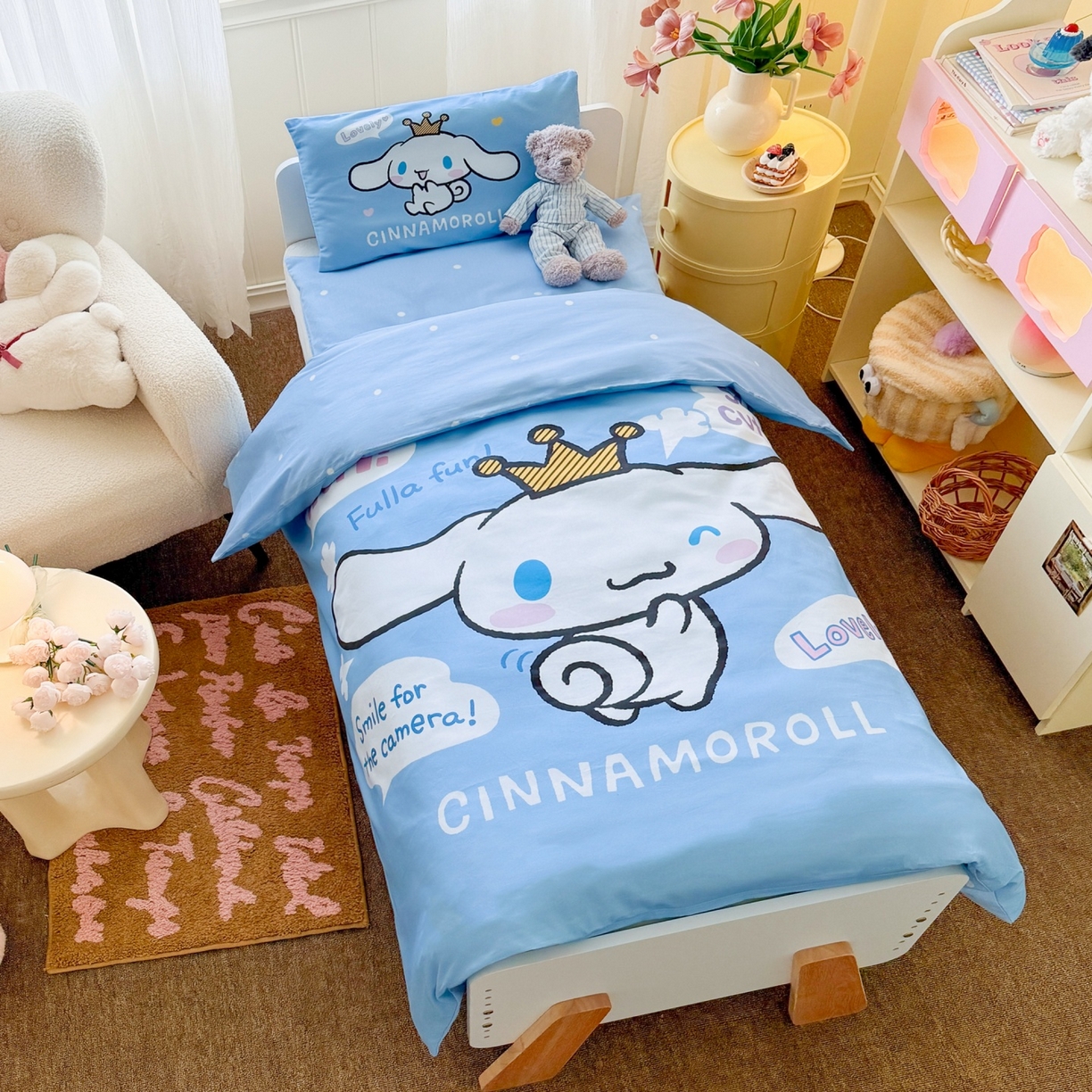 91家纺网 家纺一手货源 找家纺 名兮家居 2025新款全棉大版经典奥特曼幼儿园儿童套件【含防伪标】 微笑玉桂狗