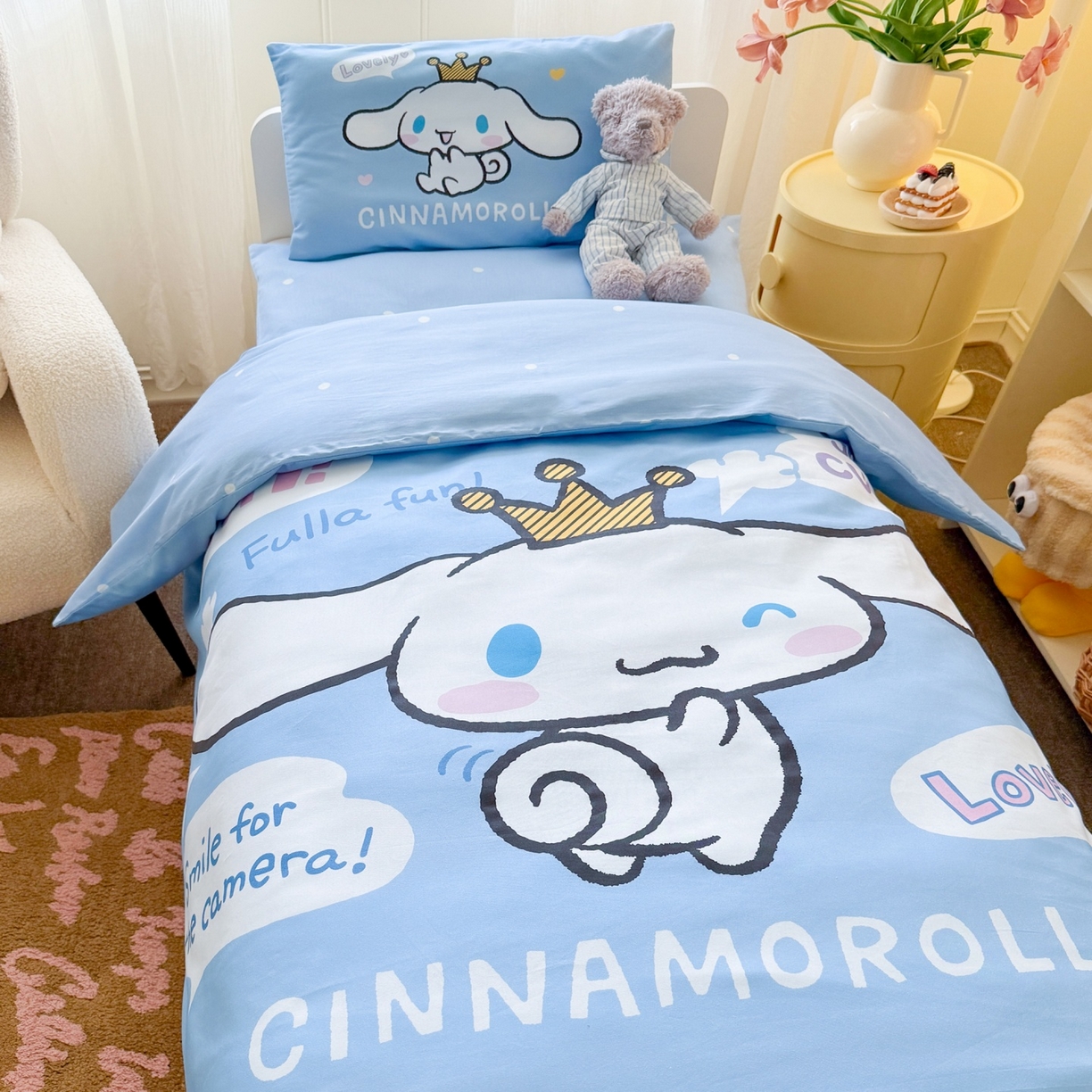 91家纺网 家纺一手货源 找家纺 名兮家居 2025新款全棉大版经典奥特曼幼儿园儿童套件【含防伪标】 微笑玉桂狗