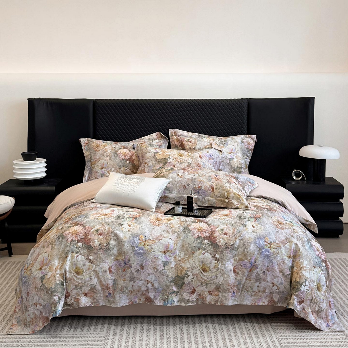 91家纺网 家纺一手货源 找家纺  2025秋冬新款轻奢新疆长绒棉纯棉磨毛加厚数码印花四件套花慕里 花慕里-米