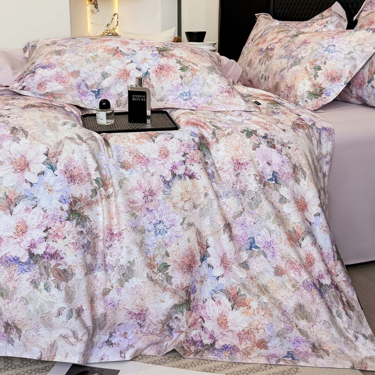 91家纺网 家纺一手货源 找家纺  2025秋冬新款轻奢新疆长绒棉纯棉磨毛加厚数码印花四件套花慕里 花慕里-紫