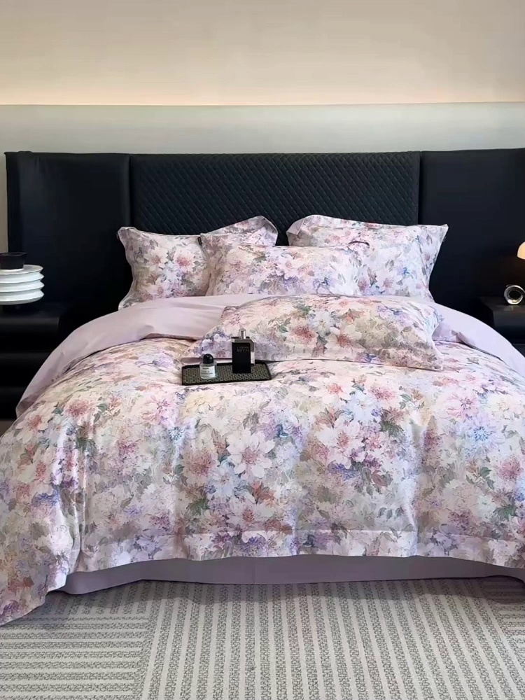 91家纺网 家纺一手货源 找家纺  2025秋冬新款轻奢新疆长绒棉纯棉磨毛加厚数码印花四件套花慕里 花慕里-紫