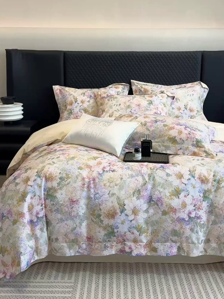 91家纺网 家纺一手货源 找家纺  2025秋冬新款轻奢新疆长绒棉纯棉磨毛加厚数码印花四件套花慕里 花慕里-黄