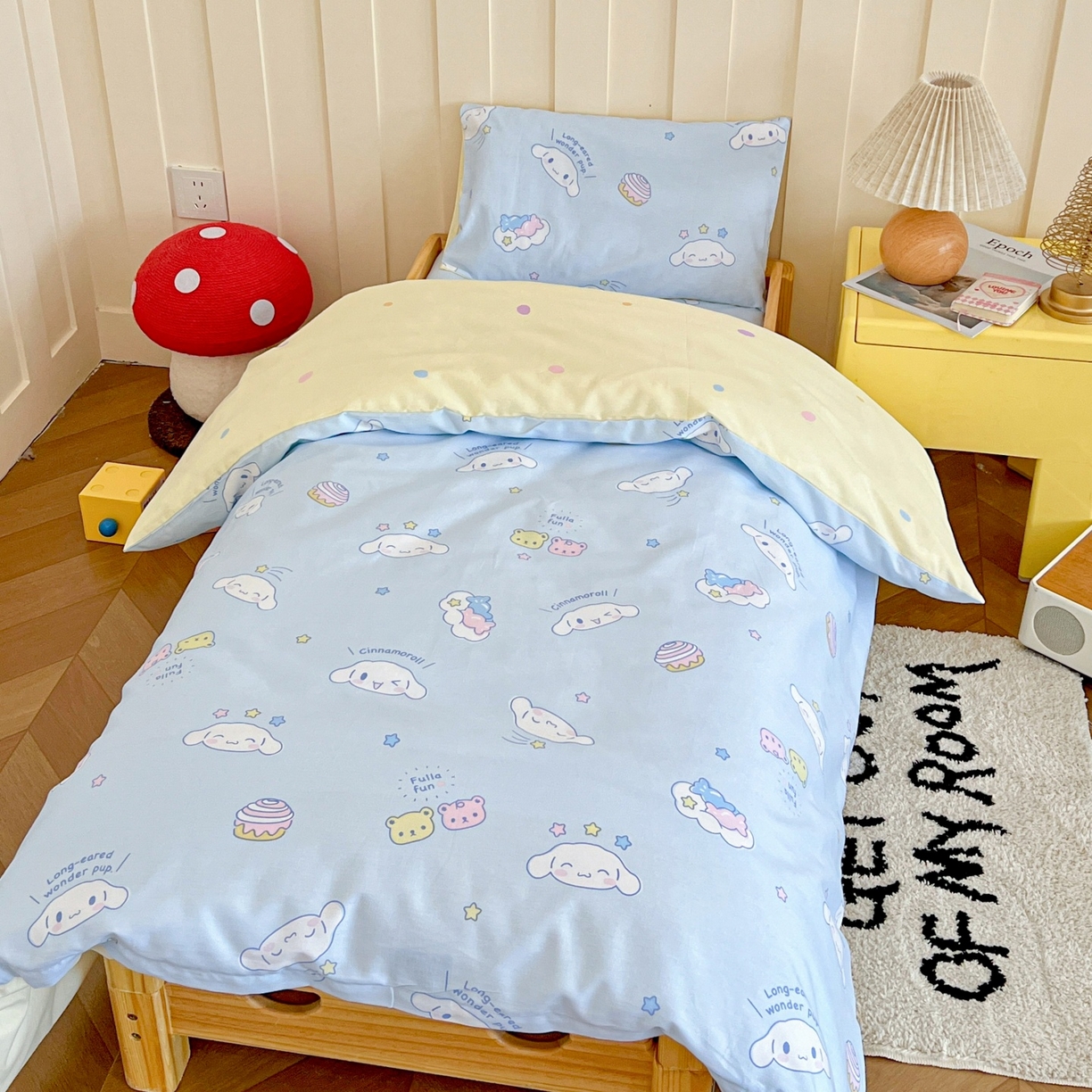 91家纺网 家纺一手货源 找家纺 名兮家居 2025新款全棉小版经典奥特曼-三丽鸥幼儿园儿童套件【含防伪标】 蛋糕玉桂狗