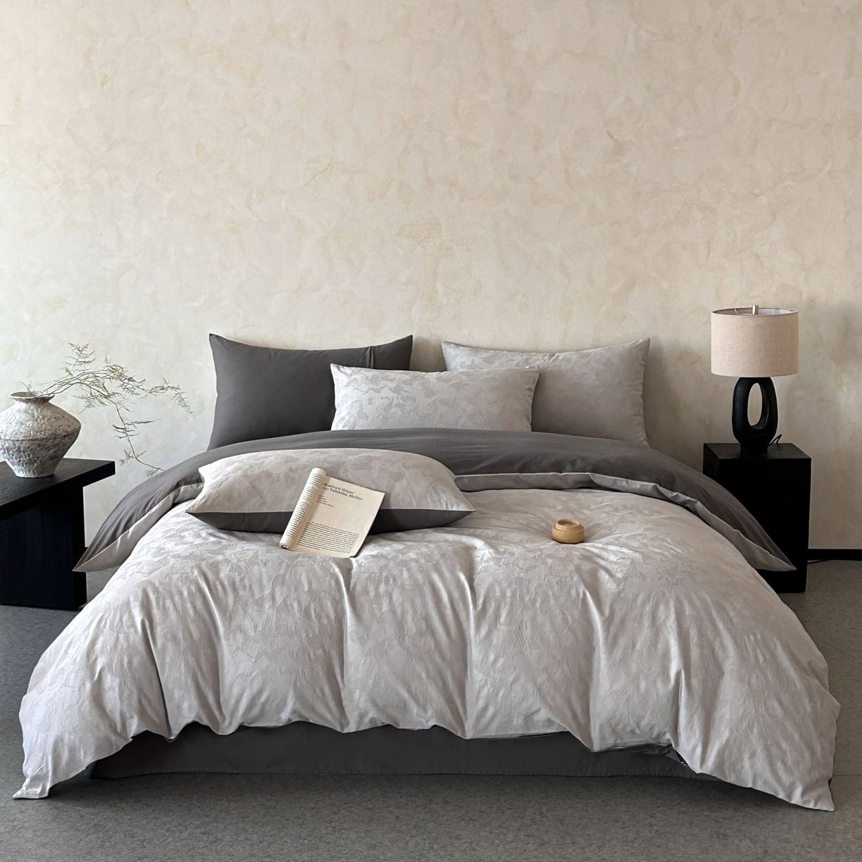 618家纺 2025新款全棉磨毛提花法式双拼四件套-赫本系列 赫本-摩卡灰