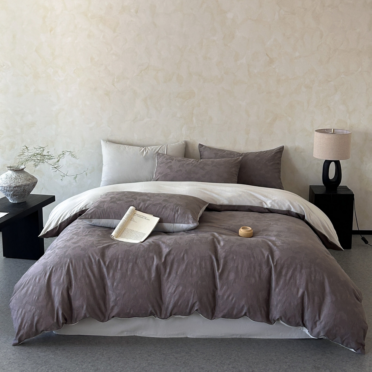 618家纺 2025新款全棉磨毛提花法式双拼四件套-赫本系列 赫本-摩卡紫