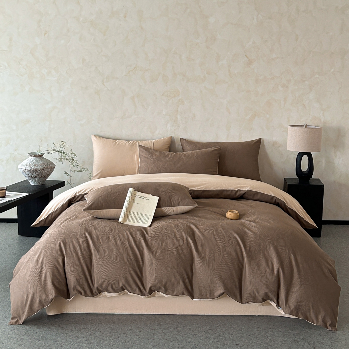 618家纺 2025新款全棉磨毛提花法式双拼四件套-赫本系列 赫本-云影咖