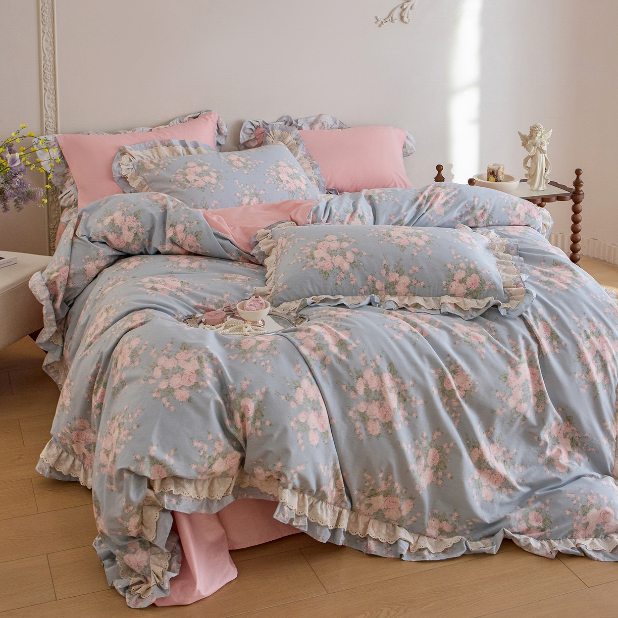 91家纺网 家纺一手货源 找家纺 （总）清雅福 2025春夏新品全棉13372法式双层花边系列四件套