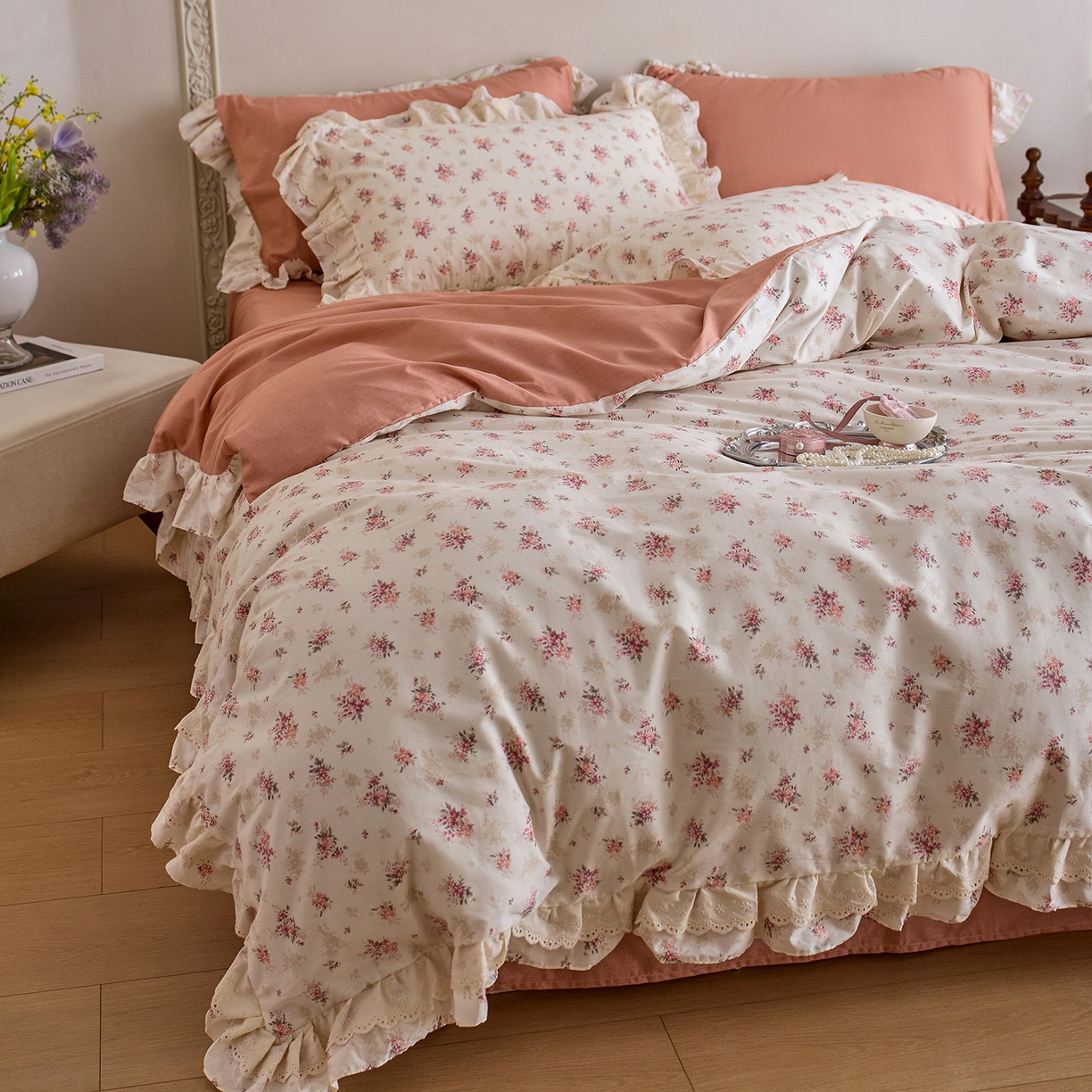 91家纺网 家纺一手货源 找家纺 （总）清雅福 2025春夏新品全棉13372法式双层花边系列四件套