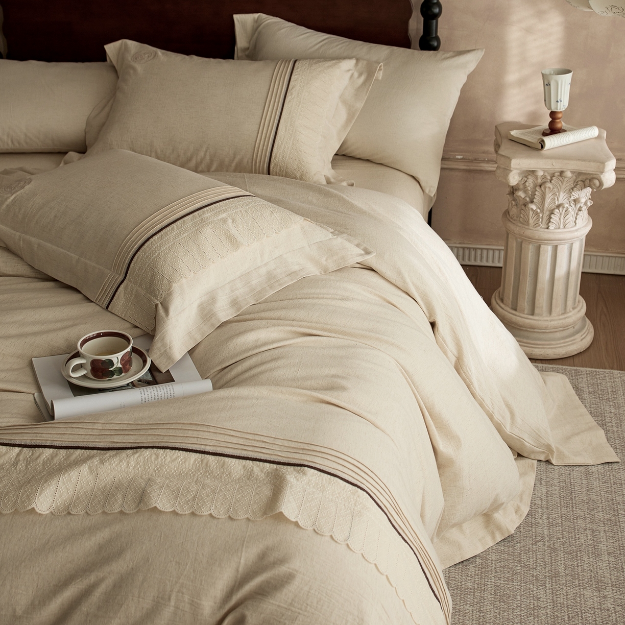 91家纺网 家纺一手货源 找家纺 涞澳家纺 2025新款棉麻皱皱纱四件套 花蓉环