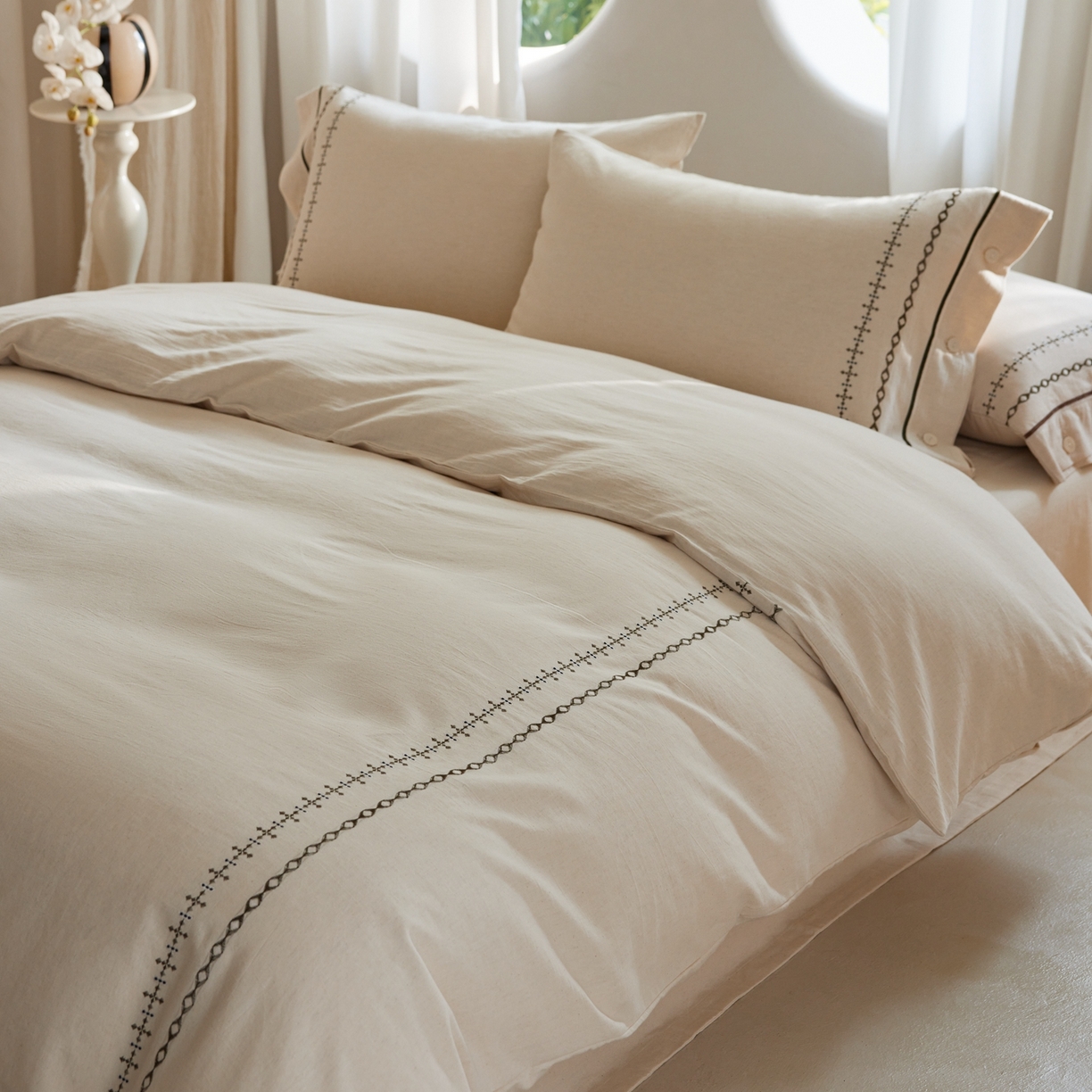 91家纺网 家纺一手货源 找家纺 涞澳家纺 2025新款棉麻皱皱纱四件套 夜里无星