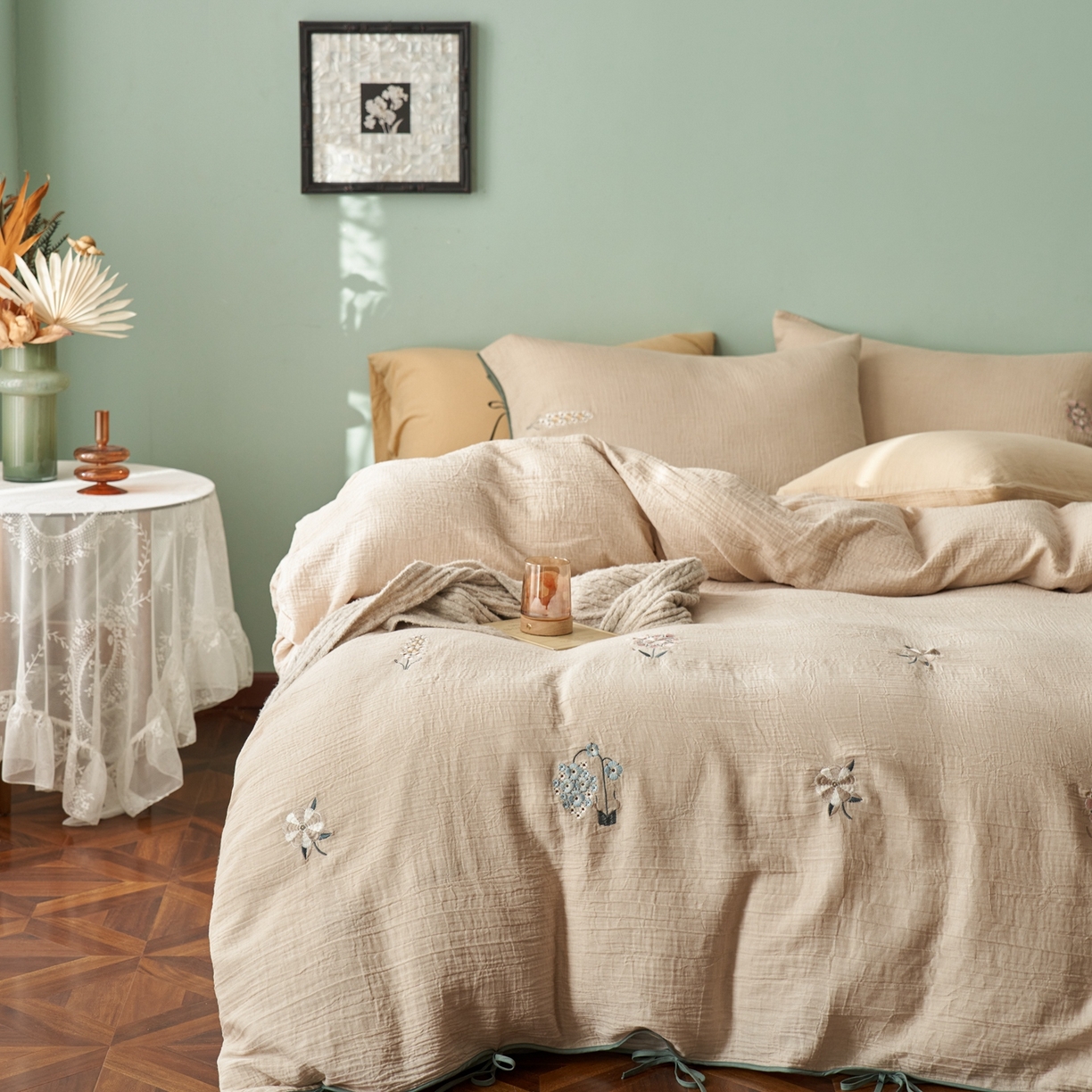 91家纺网 家纺一手货源 找家纺 涞澳家纺 2025新款棉麻皱皱纱四件套 故里逢春