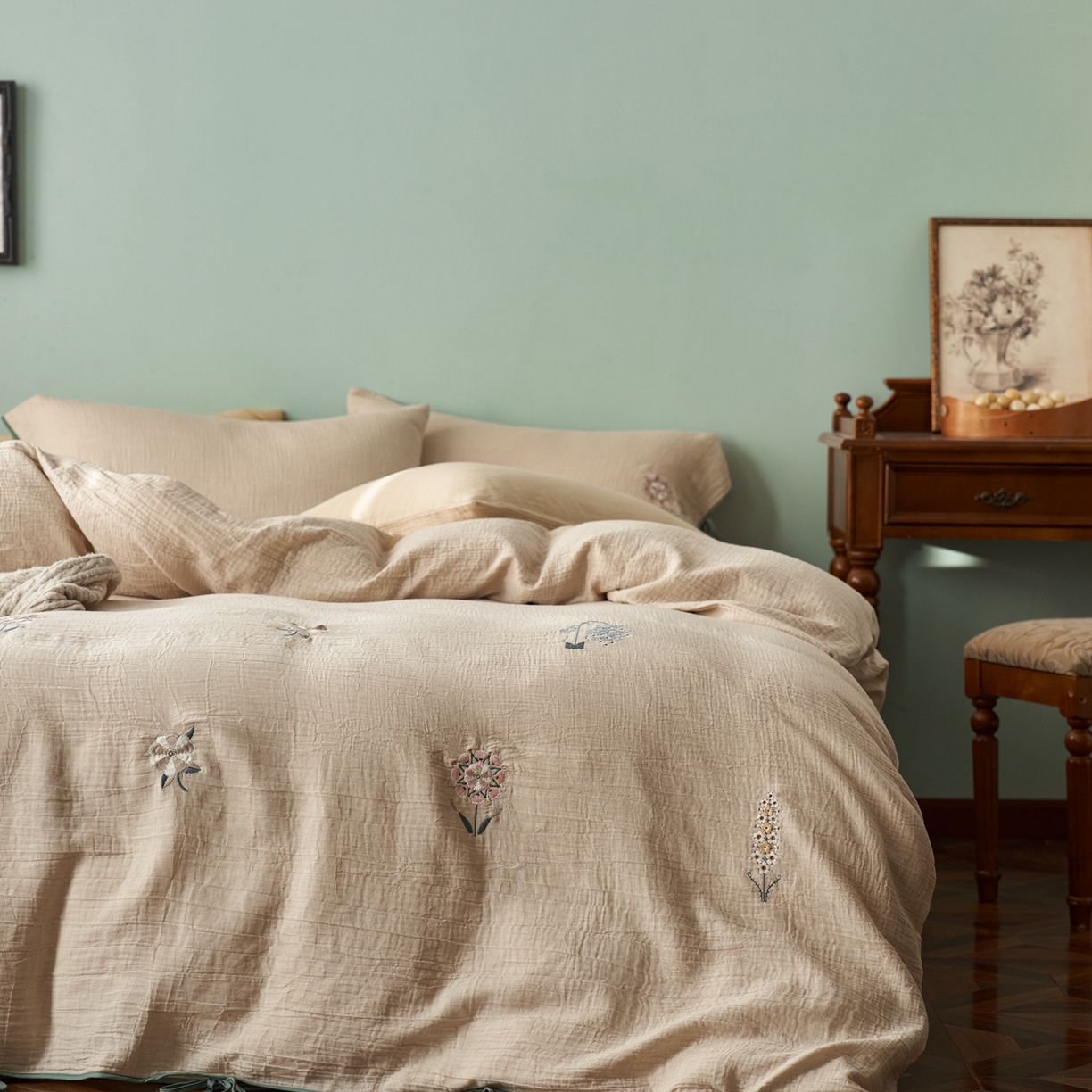 91家纺网 家纺一手货源 找家纺 涞澳家纺 2025新款棉麻皱皱纱四件套 故里逢春