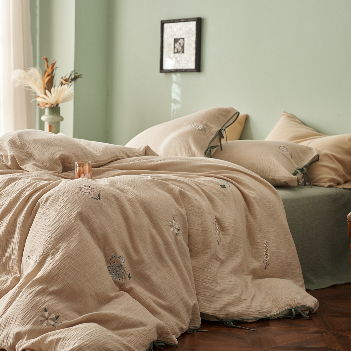 91家纺网 家纺一手货源 找家纺 涞澳家纺 2025新款棉麻皱皱纱四件套 故里逢春