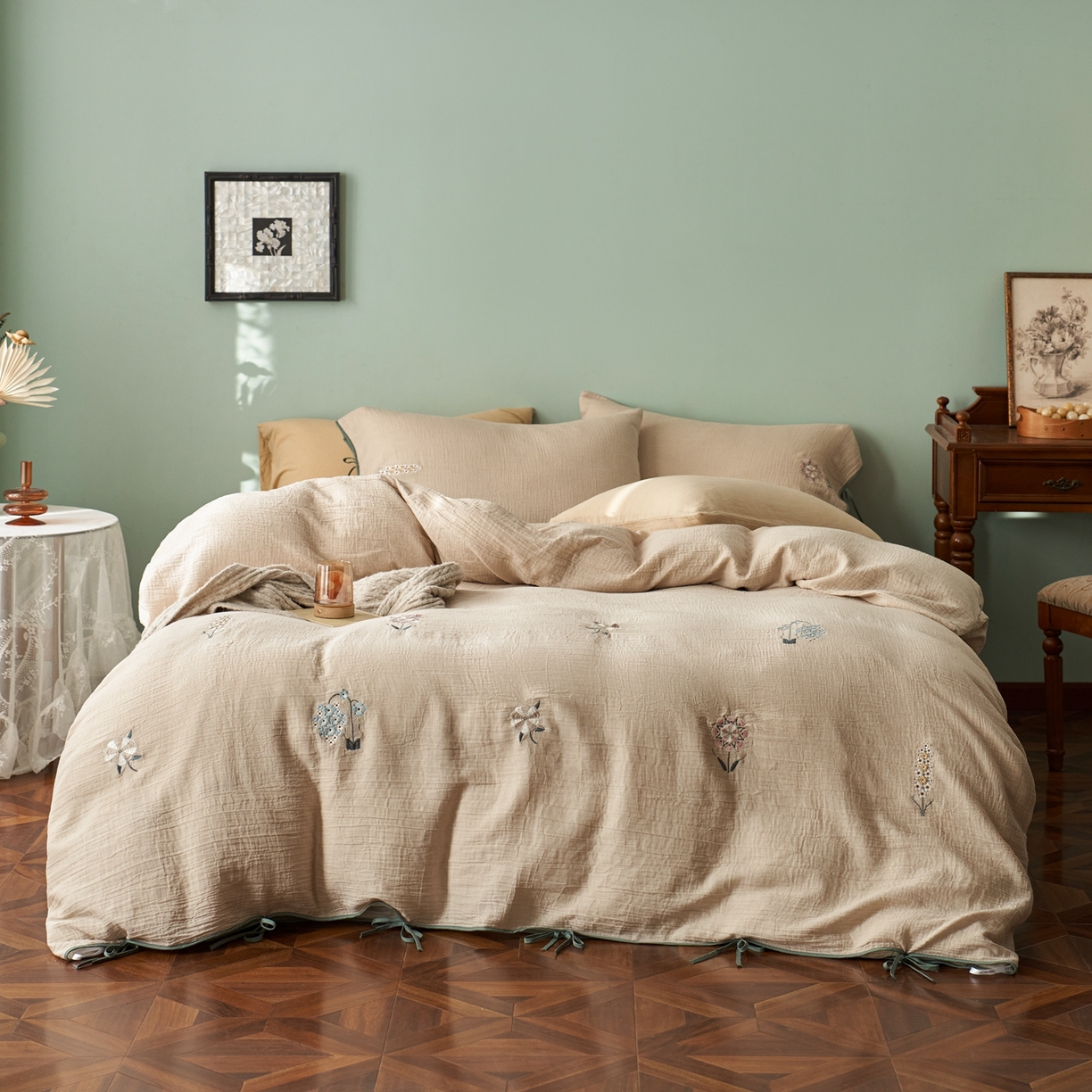 91家纺网 家纺一手货源 找家纺 涞澳家纺 2025新款棉麻皱皱纱四件套 故里逢春