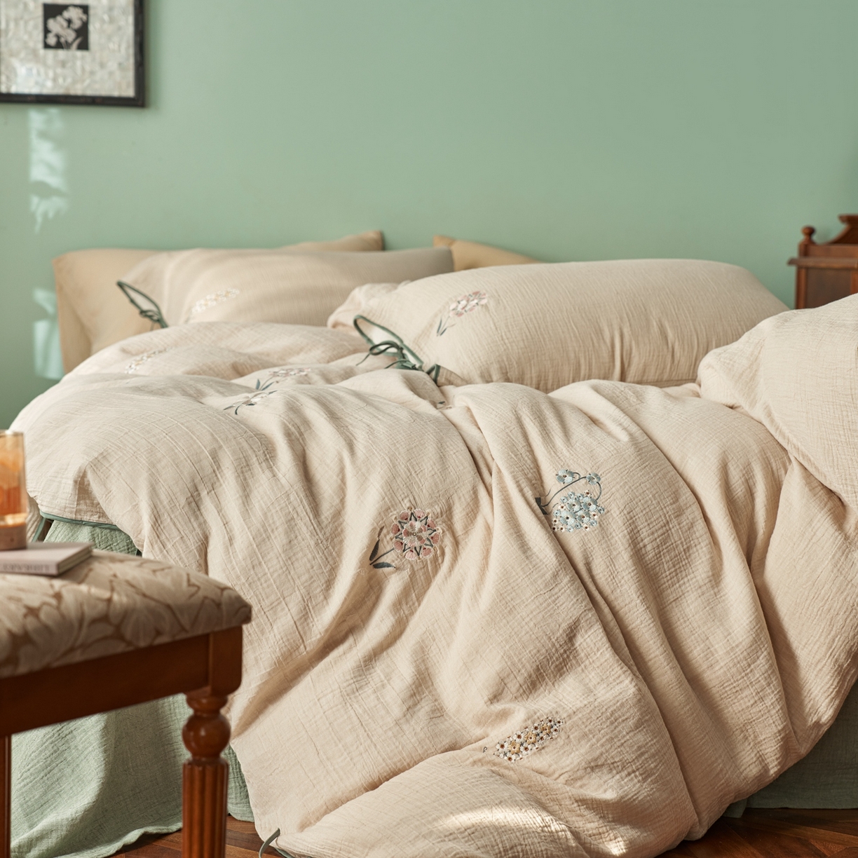 91家纺网 家纺一手货源 找家纺 涞澳家纺 2025新款棉麻皱皱纱四件套 故里逢春