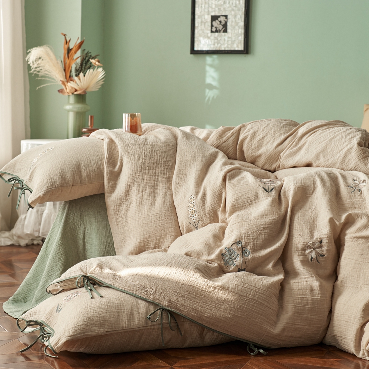 91家纺网 家纺一手货源 找家纺 涞澳家纺 2025新款棉麻皱皱纱四件套 故里逢春