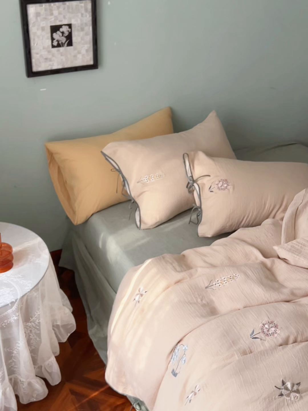 91家纺网 家纺一手货源 找家纺 涞澳家纺 2025新款棉麻皱皱纱四件套 故里逢春