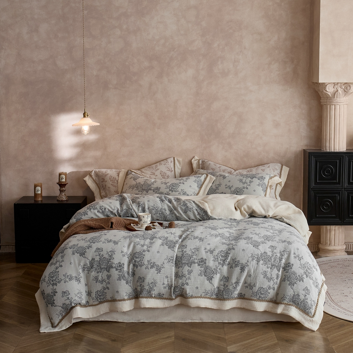 91家纺网 家纺一手货源 找家纺 涞澳家纺 2025新款棉麻皱皱纱四件套 花间影