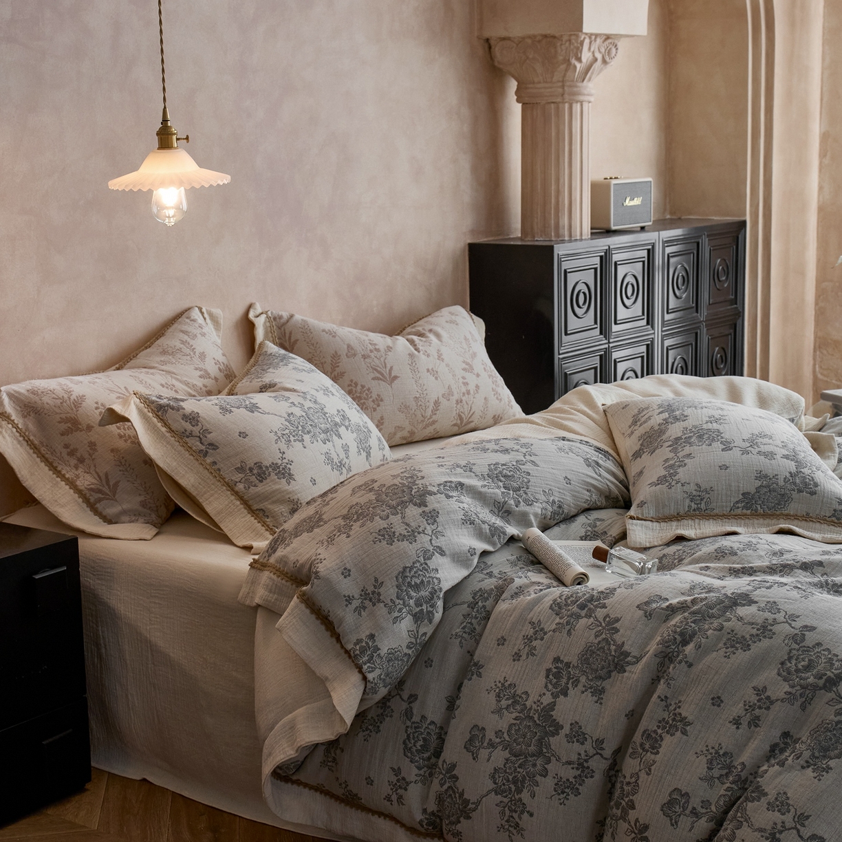 91家纺网 家纺一手货源 找家纺 涞澳家纺 2025新款棉麻皱皱纱四件套 花间影